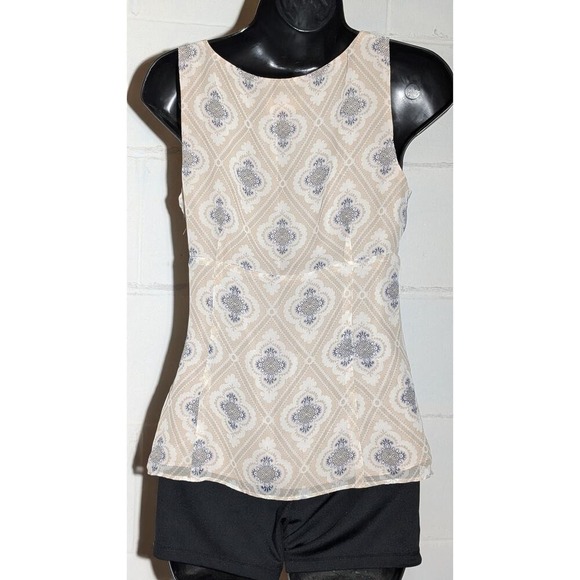 Ann Taylor LOFT Sleeveless Tank Top Beige White Blue Diamond Pattern Blouse 0 - Picture 3 of 4